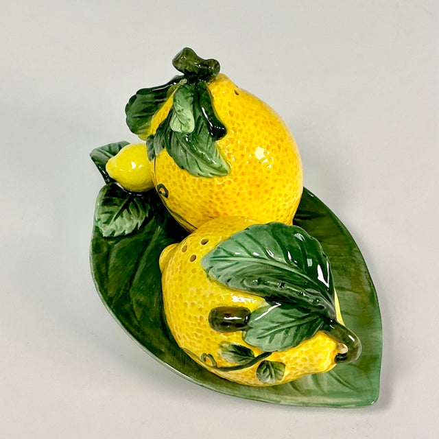 1980s Vintage Hollywood Regency Majolica Lemon Salt & Pepper Shaker - Set of 3 For Sale - Image 12 of 17