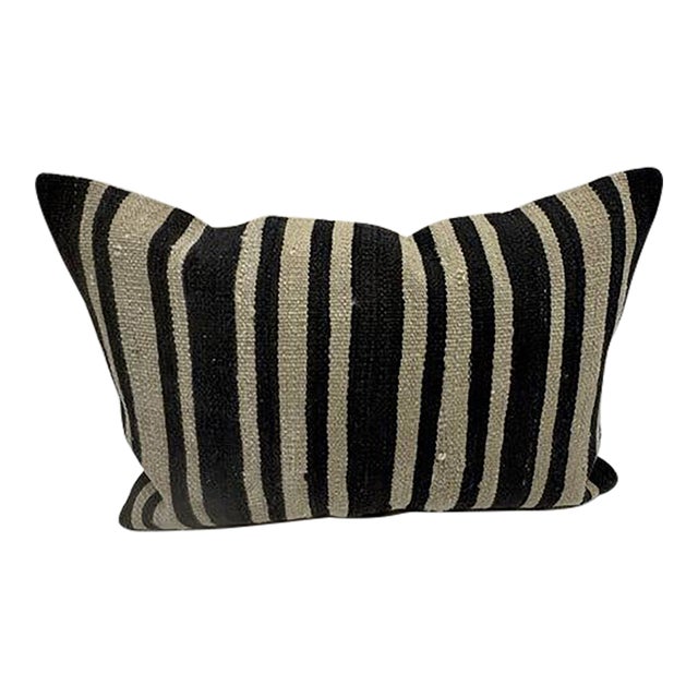 Turkish Hemp Pillow Cushion Natural Beige Black Pillow Cushion Cover 16" x 24" For Sale