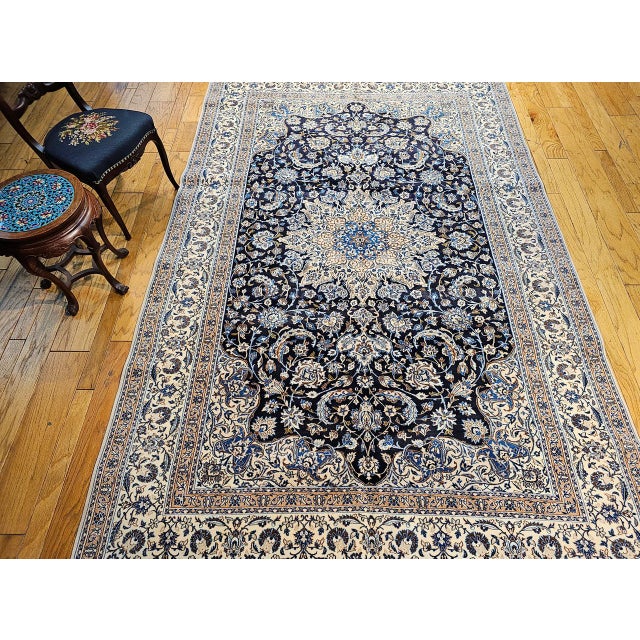 Navy Blue Vintage Nain Area Rug, Hand-Knotted Wool & Silk, Floral Pattern, 7x11, Navy & Ivory For Sale - Image 8 of 17