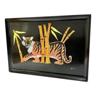 Mid Century Couroc Inlay Tiger Serving by Moira Wallace For Sale