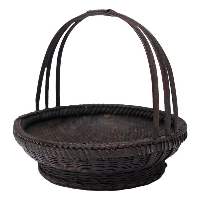 Chinese Woven Bamboo Flower Basket, C. 1940 For Sale