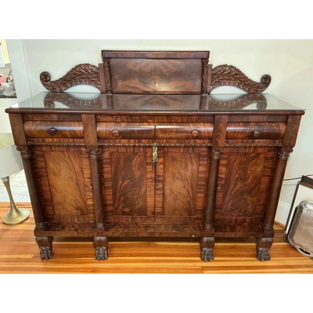 Antique American Empire Carved Flame Mahogany Sideboard With Lion Paw Feet For Sale - Image 4 of 18