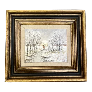 1950’s Original Naive Impressionist Snow Covered Landscape Painting