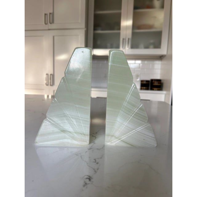 Mid 20th Century Mid-Century Onyx Marble Bookends Light Green & White With Etched Sunburst Detail- a Pair For Sale - Image 5 of 10