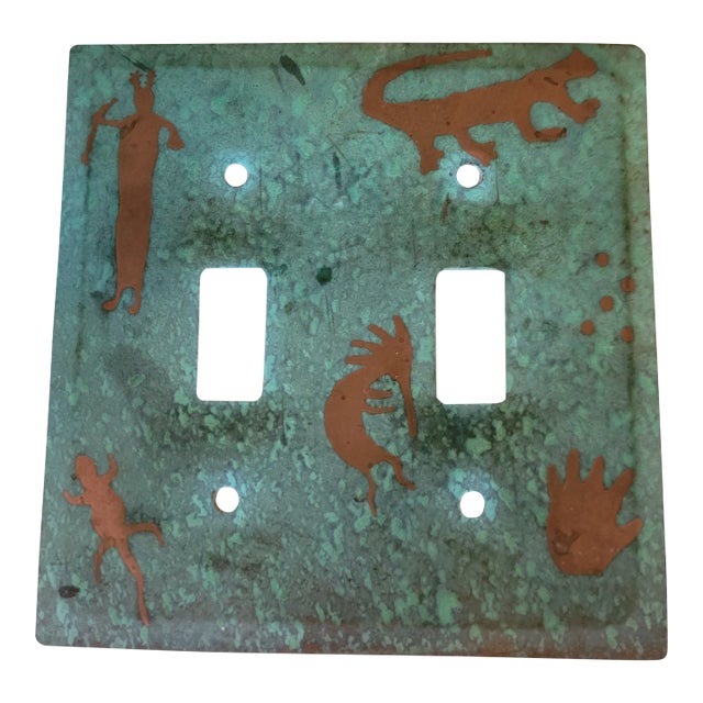 1990s 2 Hole Copper Switch Plate Cover Distressed Verdigrea For Sale