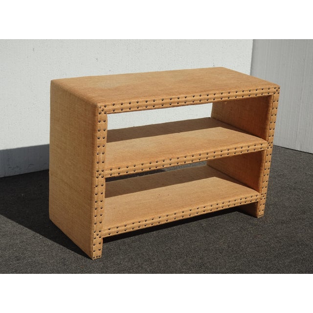 Modern Modern Golden Brown Burlap Bookcase W Decorative Nails For Sale - Image 3 of 15