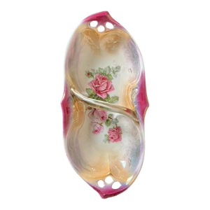 Vintage German Porcelain Dish With Roses and Pearlized Lusterware Elongated Design