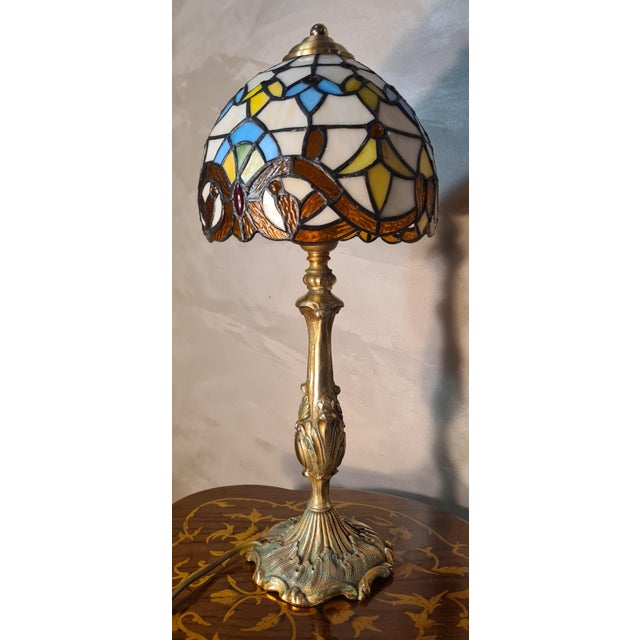 Gilded Bronze Lamp with Leaded Stained Glass Lampshade, 1960, in Very Good conditions. Designed 1960 to 1969 European Plug...