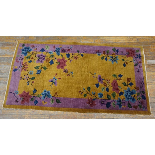 1920s Yellow Purple Floral Antique Chinese Art Deco Carpet 3'1" X 5'10" Knotted Wool Rug For Sale - Image 4 of 11