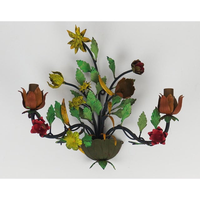 Pair of polychrome tinplate wall sconces depicting a bouquet of flowers, two lights. Handcrafted. France. Up to 250V...