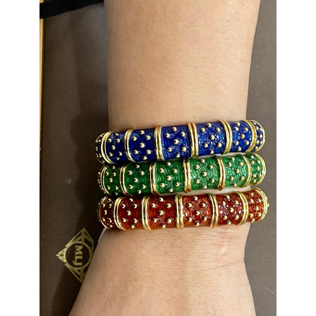 Late 20th Century Three-Piece Bangel / Cuff Set Red Green & Blue Enamel 18 Kt Gold 286 Gm, Hidalgo For Sale - Image 14 of 18