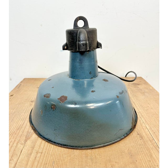 Industrial Blue Enamel Factory Lamp with Cast Iron Top, 1960s For Sale - Image 12 of 16