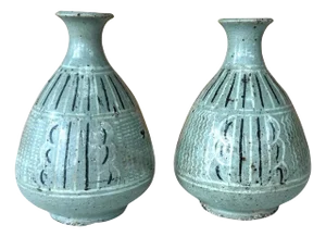 Pair of Small Korean Celadon Inlay Vases Goryeo Dynasty