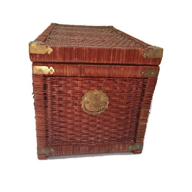 Vintage Rattan Trunk Woven Wicker Blanket Chest Chinese Brass Hardware
