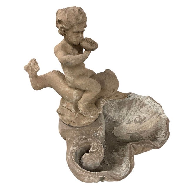 Vintage Classical Cast Stone Cherub on Dolphin Garden Fountain For Sale - Image 4 of 12