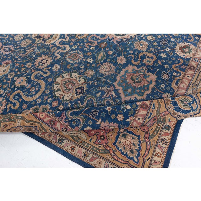 Antique Indian Navy Blue and Beige Handmade Wool Carpet For Sale In New York - Image 6 of 9