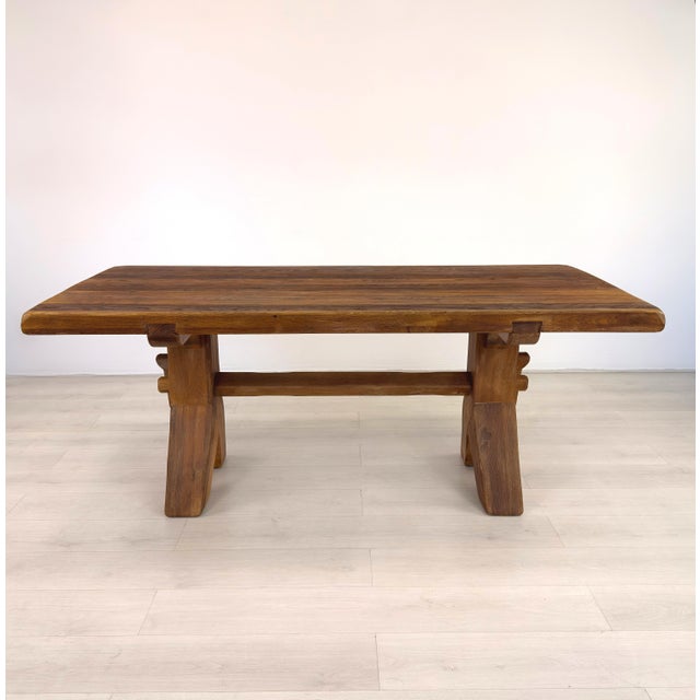 Dimensions: H 29.7” x W 71” x D 33.7” Vintage Belgian Brutalist oak dining table designed by De Puydt in the 1970s with...