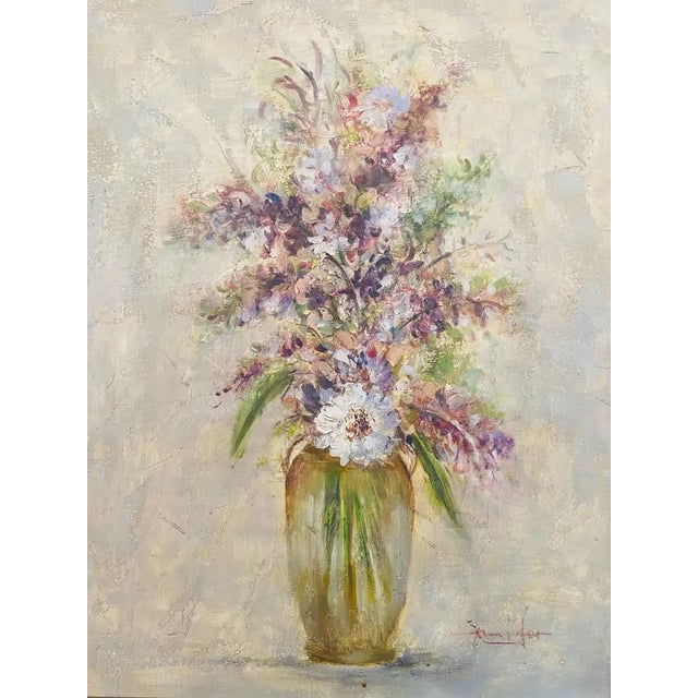Large Still Life Oil on Canvas Painting of Flowers and Lavender Framed, Signed 1990s For Sale - Image 4 of 12