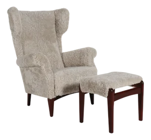 Set of Sheepskin Wingback Lounge Chair Model FH 8023 with Ottoman from Fritz Hansen, Denmark, 1950s