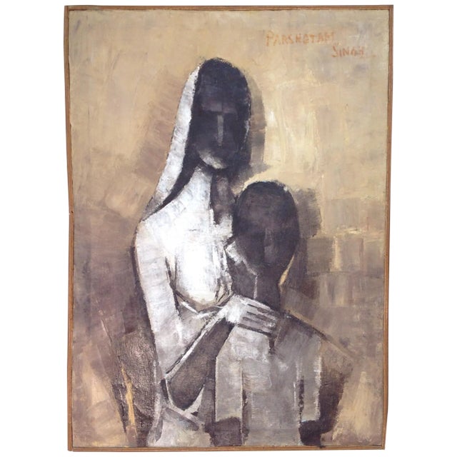 Mid-Century Abstract Painting of Mother and Child For Sale