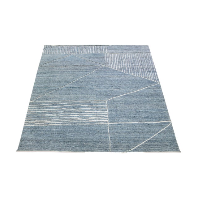 Contemporary 2020s Abstract Morocan Style Modern Wool Rug in Blue by Apadana For Sale - Image 3 of 7