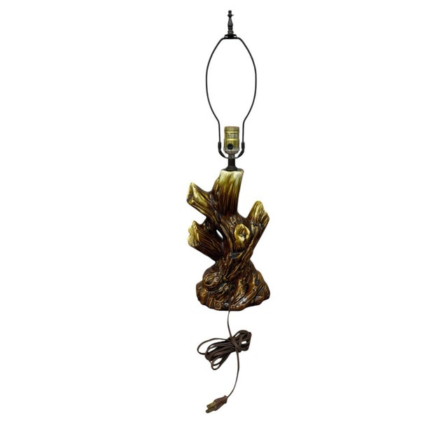1950s Vintage Mid-Century Modern Ceramic Driftwood Yellow Brown Drip Glaze Tree Branch Table Lamp For Sale - Image 5 of 7
