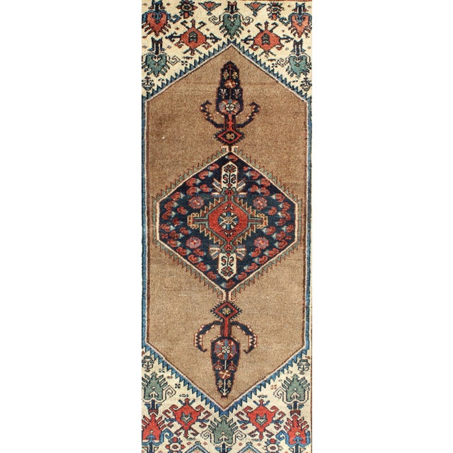 Antique Persian Serab Rug With Stretched Tribal Medallion in Camel, Blue & Ivory 3'5 X 6'3 For Sale - Image 4 of 7