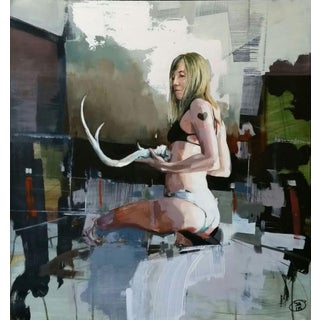Invocation by Jason Avery | Oil Painting of a woman holding antlers in a modern setting For Sale