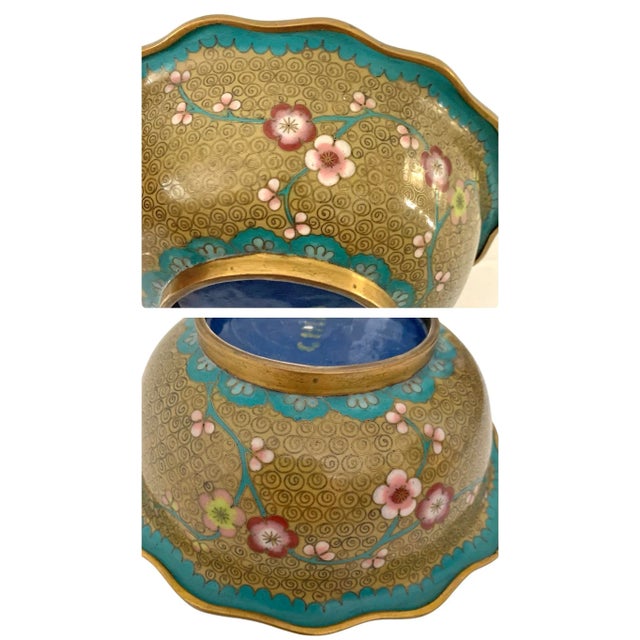Vintage Chinoiserie Cloisonné Bowl Dish With Scalloped Edge, China For Sale In Miami - Image 6 of 8
