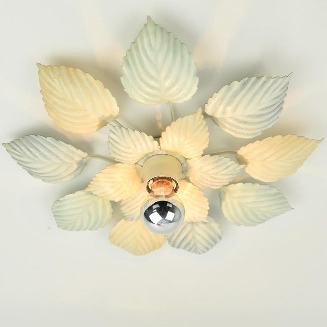 Late 20th Century Vintage Pastel Flush Mount or Wall Sconce Leafs Green Peach Light Blue | Mid Century Hollywood Regency Ceiling Lamp Toleware Retro 1980s For Sale - Image 5 of 10