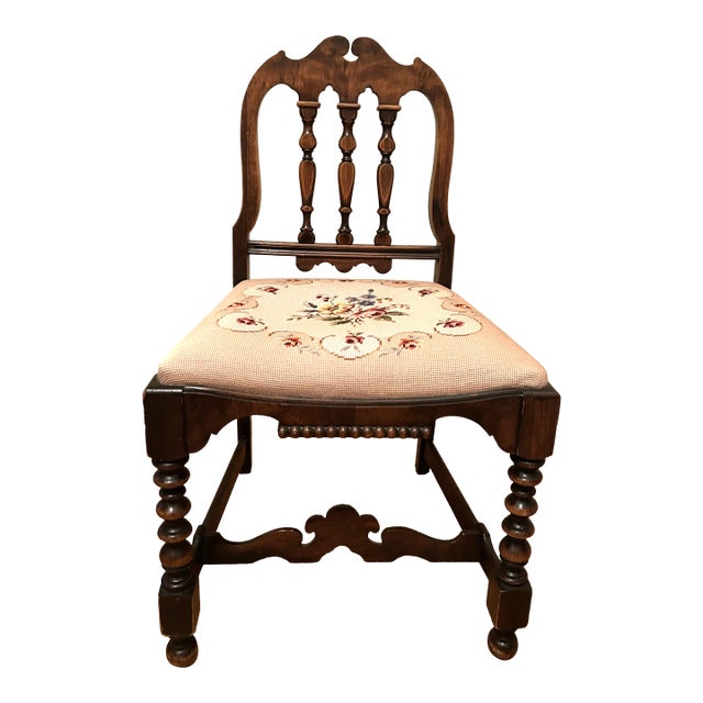 Antique Early 20th-Century Victorian-Style Side Chair With Needlepoint Upholstery For Sale