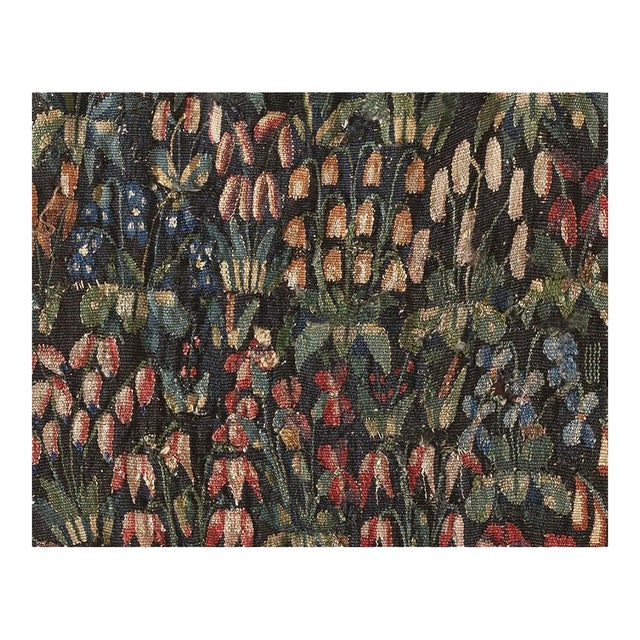 Antique Tapestry Square MilleFleurs Tapestry Fragment Wool Black Textile Art For Sale