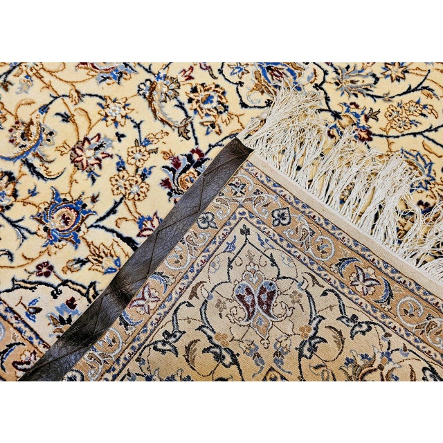 Vintage Persian Nain Area Rug, Hand-Knotted Wool & Silk, Floral Pattern, 5x7, Ivory & Blue For Sale - Image 16 of 16