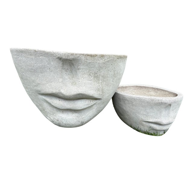 Faces Concrete Planters (Pair) For Sale
