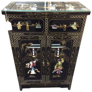Asian Embossed Black Lacquer Bar Cabinet/Buffet For Sale