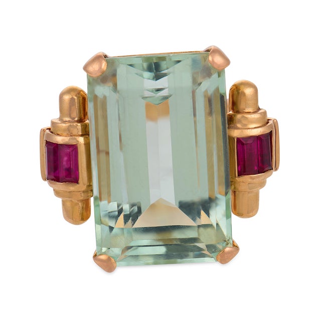 Mid-Century Modern Mid 20th Century Retro 27.00 Carat Aquamarine Synthetic Ruby 18k Rose Gold Cocktail Ring, Size 7 For Sale - Image 3 of 6