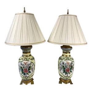 Pair of French Hand Painted Porcelain Gilt Bronze Mounted Table Lamps
