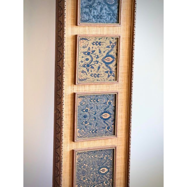 Wood Oversized Tall Vertical Textile Panel With Batik Insets and Grasscloth Backing, Carved Custom Wood Frame, Architectural Wall Art For Sale - Image 7 of 12