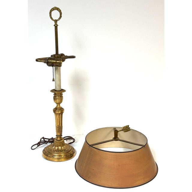 Gold 19th Century Louis XVI Style Ormolu Bouillotte Lamp, Ochre Tole Shade For Sale - Image 8 of 18