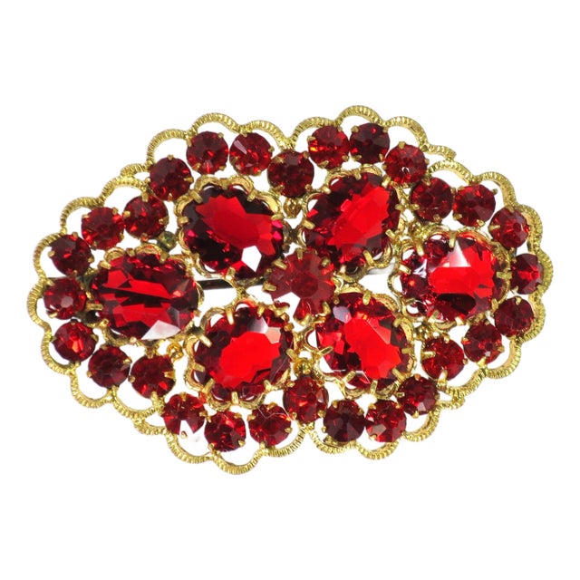 Vintage Czech Gilded Ruby Crystal Brooch 1920s For Sale