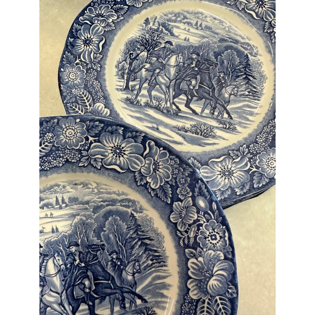 Set of six Staffordshire England transfer-ware blue and white “Washington at Valley Forge” motif dessert plates.Marked...