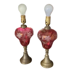 Mid 19th Century Early Victorian Ruby Wheel Cut Glass Lamps, Converted Oil Lamps - a Pair