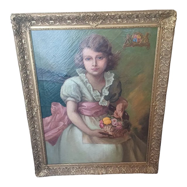 Vintage Framed Oil Painting on Canvas of Young Girl With Basket For Sale