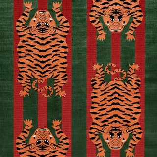 Schumacher x Johnson Hartig Jokhang Tiger Velvet Fabric in Red & Green For Sale