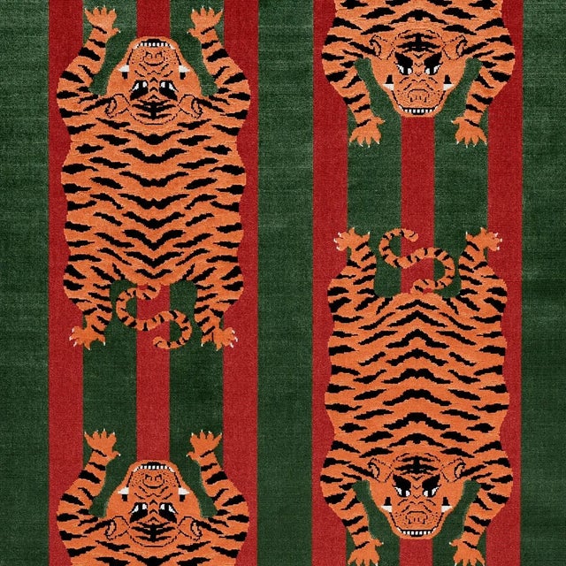 Schumacher x Johnson Hartig Jokhang Tiger Velvet Fabric in Red & Green For Sale