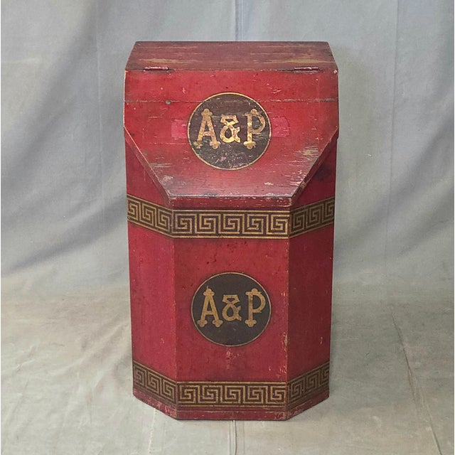 A charming antique early 20th century A&P tea bin that would have been used in a general store setting for advertising and...