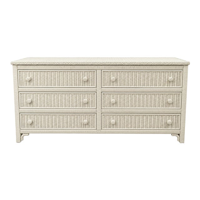 Vintage Henry Link Wicker Dresser – Six Drawers, Braided Rattan Trim. For Sale
