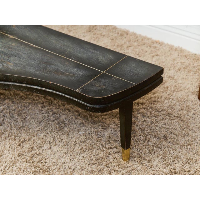 Mid 20th Century Curved Black Cerrused Distressed Coffee Table With Brass Accents For Sale In Los Angeles - Image 6 of 12