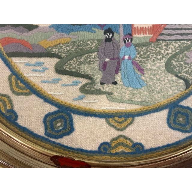 Vintage Elsa Williams "Chinese Plate" Chinoiserie Crewel Embroidery in Giltwood Frame For Sale - Image 11 of 16