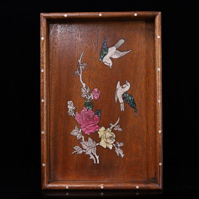 Brown Huali Rosewood Tray Inlaid With Mother-of-Pearl Birds & Roses For Sale - Image 8 of 9